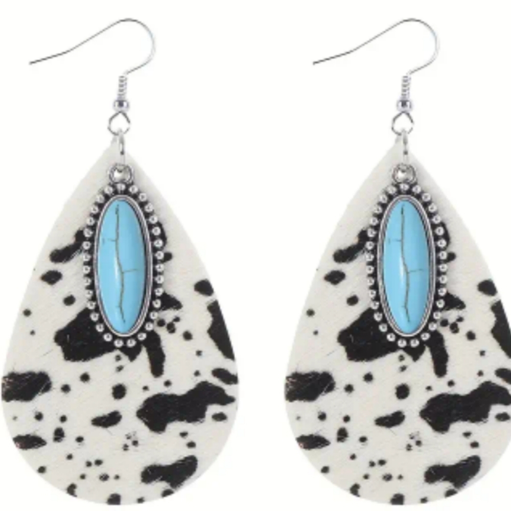 Cow Print Black White Western Animal Print faux fur Teardrop Earrings Turquoise